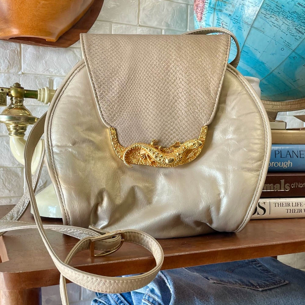 Vintage Bags By Pinky Genuine Leather Shimmer Snakeskin Bag Metal Lizard Clasp - Picture 2 of 15